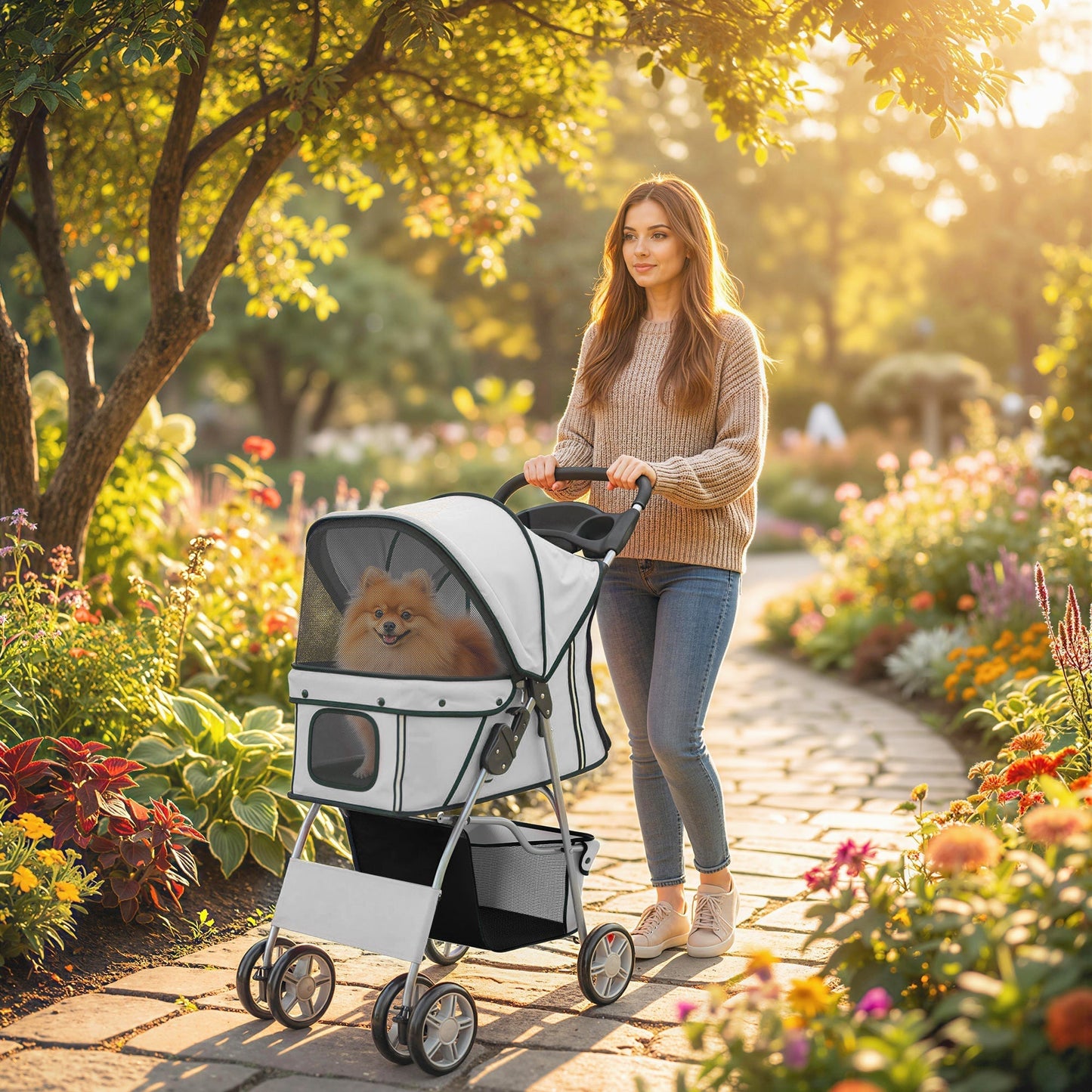 PawHut Dog Pram, Pet Stroller with Reflective Strips, Foldable Cat Stroller with 360 degrees Swivel Wheels, Grey
