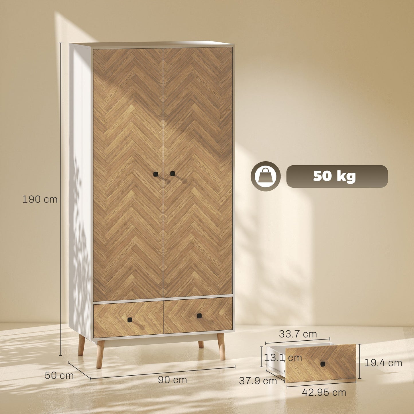 HOMCOM Cabinet Wood-Effect Sticker Surface, Modern Wardrobe with 2 Hanging Rods, 2 Storage Shelves and 2 Drawers, White