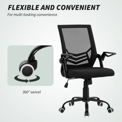 HOMCOM Modern Home Office Furniture Set, Computer Desk with Storage Shelf and Ergonomic Mesh Chair with Flip-Up Armrests, Lumbar Support, Adjustable Height, Rustic Brown and Black