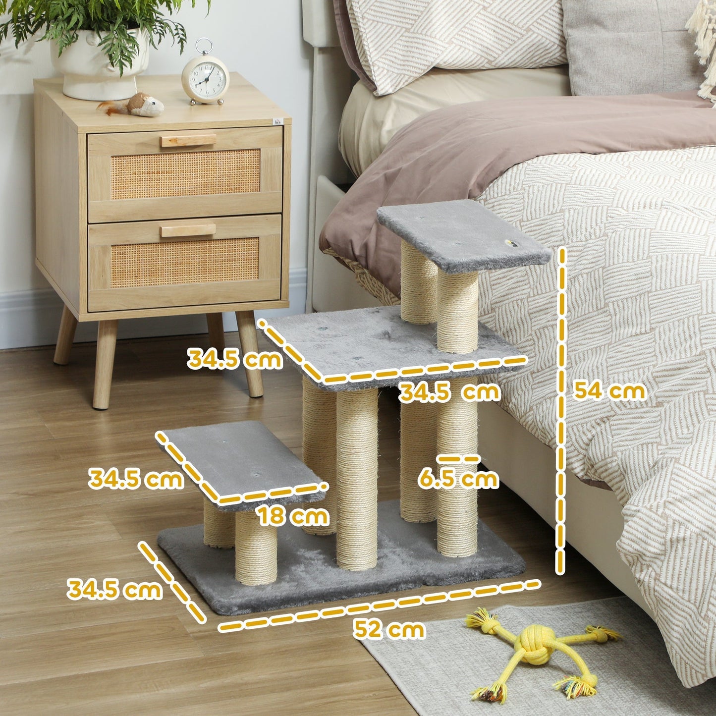 PawHut Dog Steps for Bed, 3 Step Adjustable Pet Stairs for Sofa with 6 Sisal Scratching Posts for Small Dogs & Cats, Grey