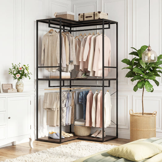 The coat rack filled with hanging clothes and accessories in a bright bedroom