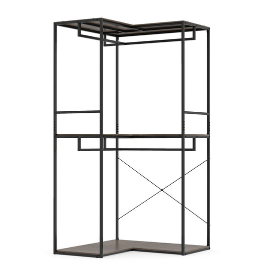 2M L-shaped Coat Rack Unit with a black metal frame and dark wooden shelves