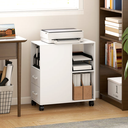HOMCOM Narrow Mobile Printer Table with Wheels, Rolling Printer Stand with Drawers for Home Office, 30 x 60 x 65 cm, White