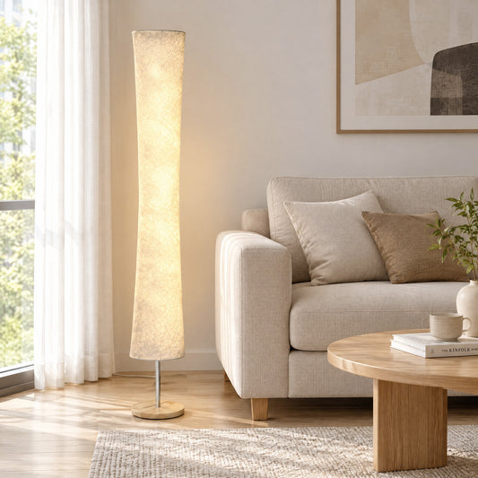 HOMCOM LED Floor Lamp, 152 cm Modern Dimmable Standing Lamp with Paper Shade, Pine Wood Base, White