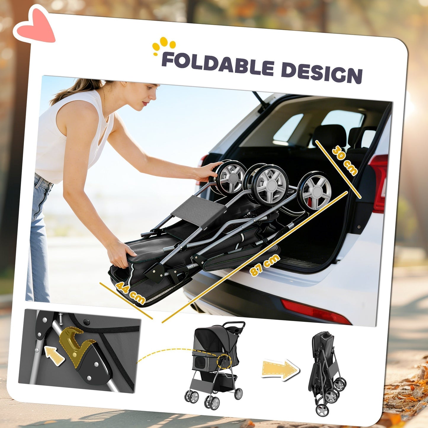 PawHut Dog Pram, Pet Stroller with Reflective Strips, Foldable Cat Stroller with 360 degrees Swivel Wheels, Dark Grey