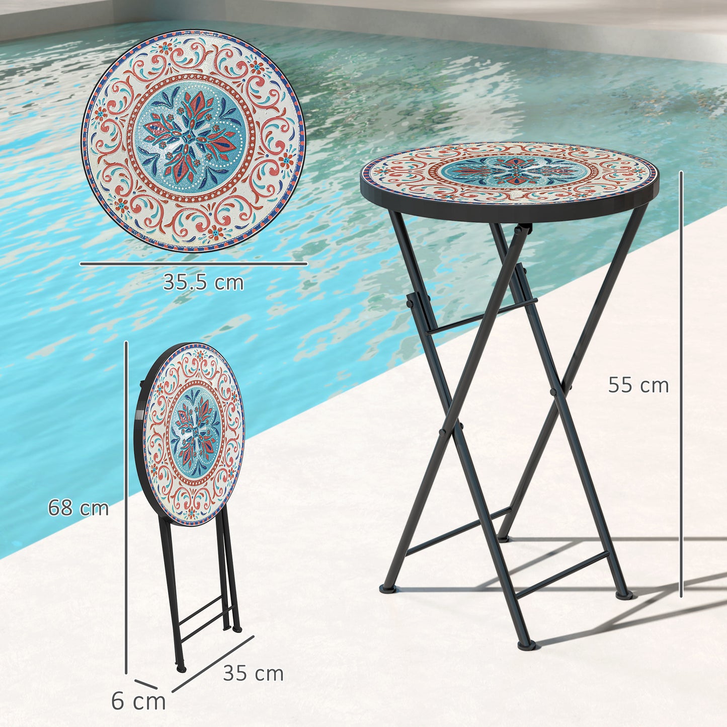 طاولة خارجية للحديقة من Outsunny Mosaic، طاولة قهوة مستديرة قابلة للطي مقاس 35.5 سم بإطار معدني للشرفة والتراس، متعددة الألوان