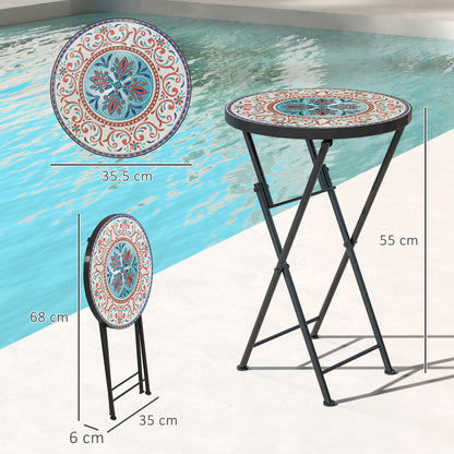 طاولة خارجية للحديقة من Outsunny Mosaic، طاولة قهوة مستديرة قابلة للطي مقاس 35.5 سم بإطار معدني للشرفة والتراس، متعددة الألوان