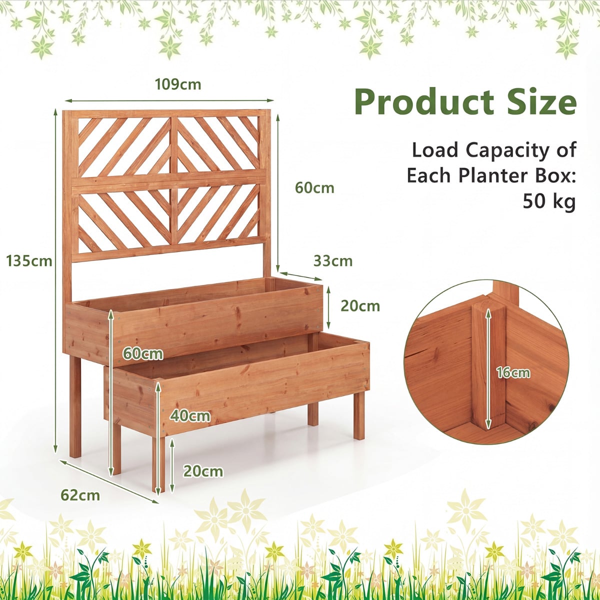 2-Tier Raised Garden Bed with Trellis and Drainage Hole-Orange