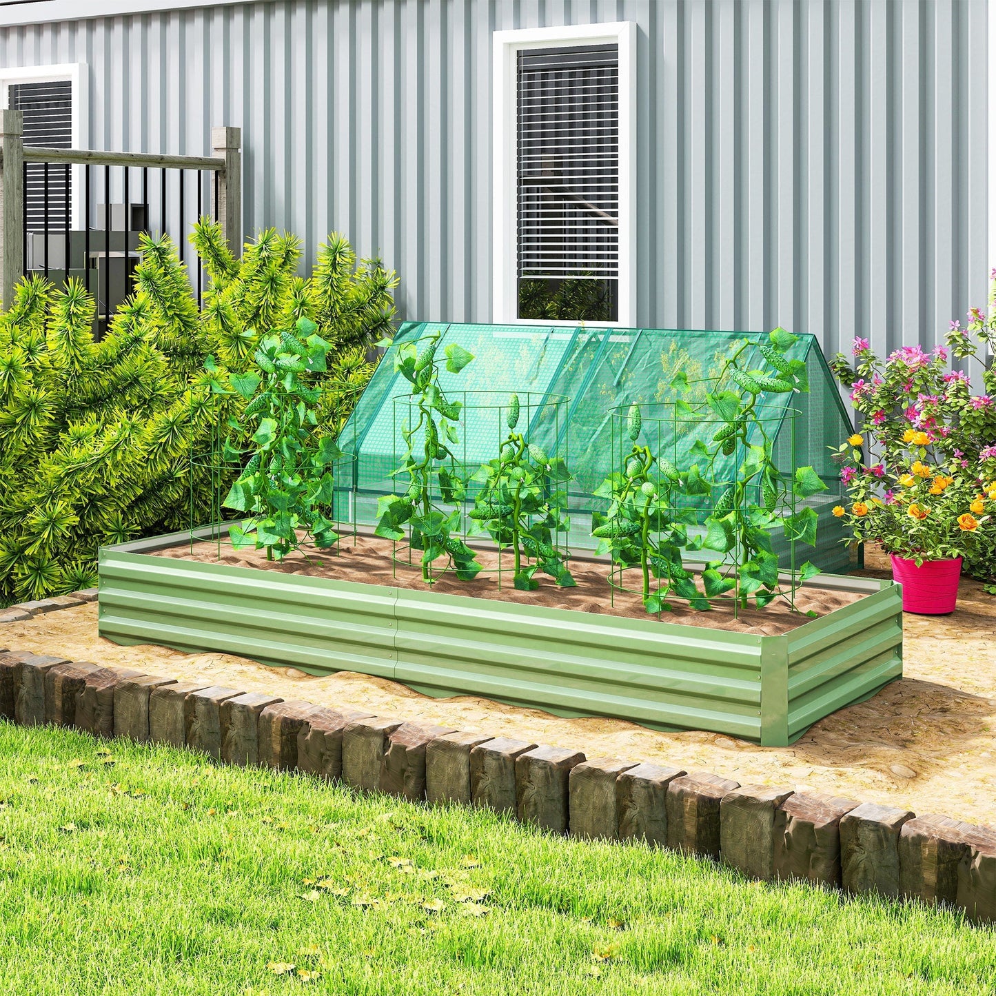 Outsunny Metal Raised Garden Bed Planter Box Outdoor Planters for Growing Flowers, Herbs, Green, Light Green