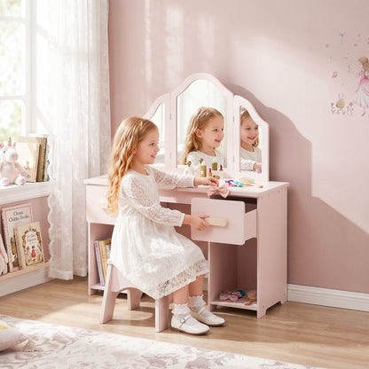 AIYAPLAY Kids Dressing Table, Kids Vanity Table and Chair Set with Tri-Folding Mirror, 2 Drawers, 2 Cabinets for Girls 3+, Pink