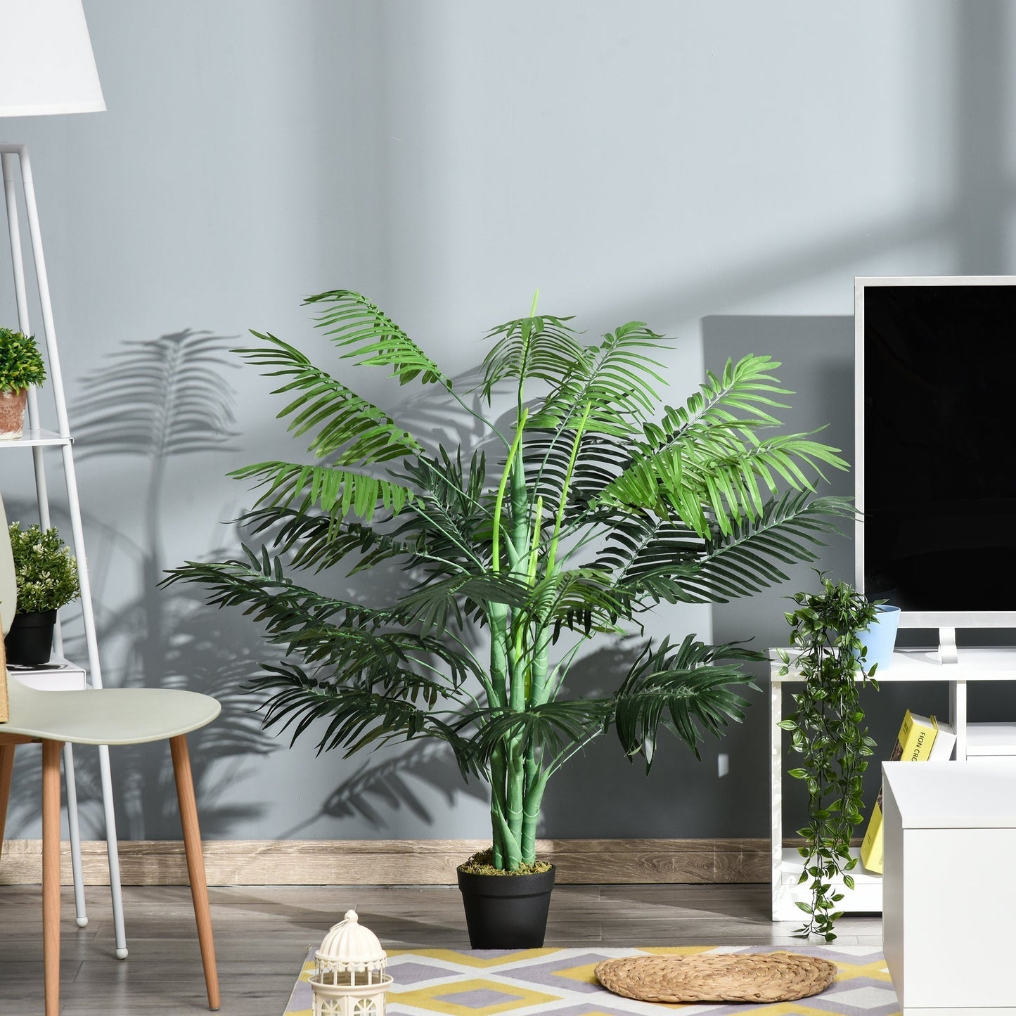 Outsunny 125cm/4FT Artificial Palm Plant Decorative Tree with Nursery Pot, Fake Plastic Indoor Home Office Decor, Green