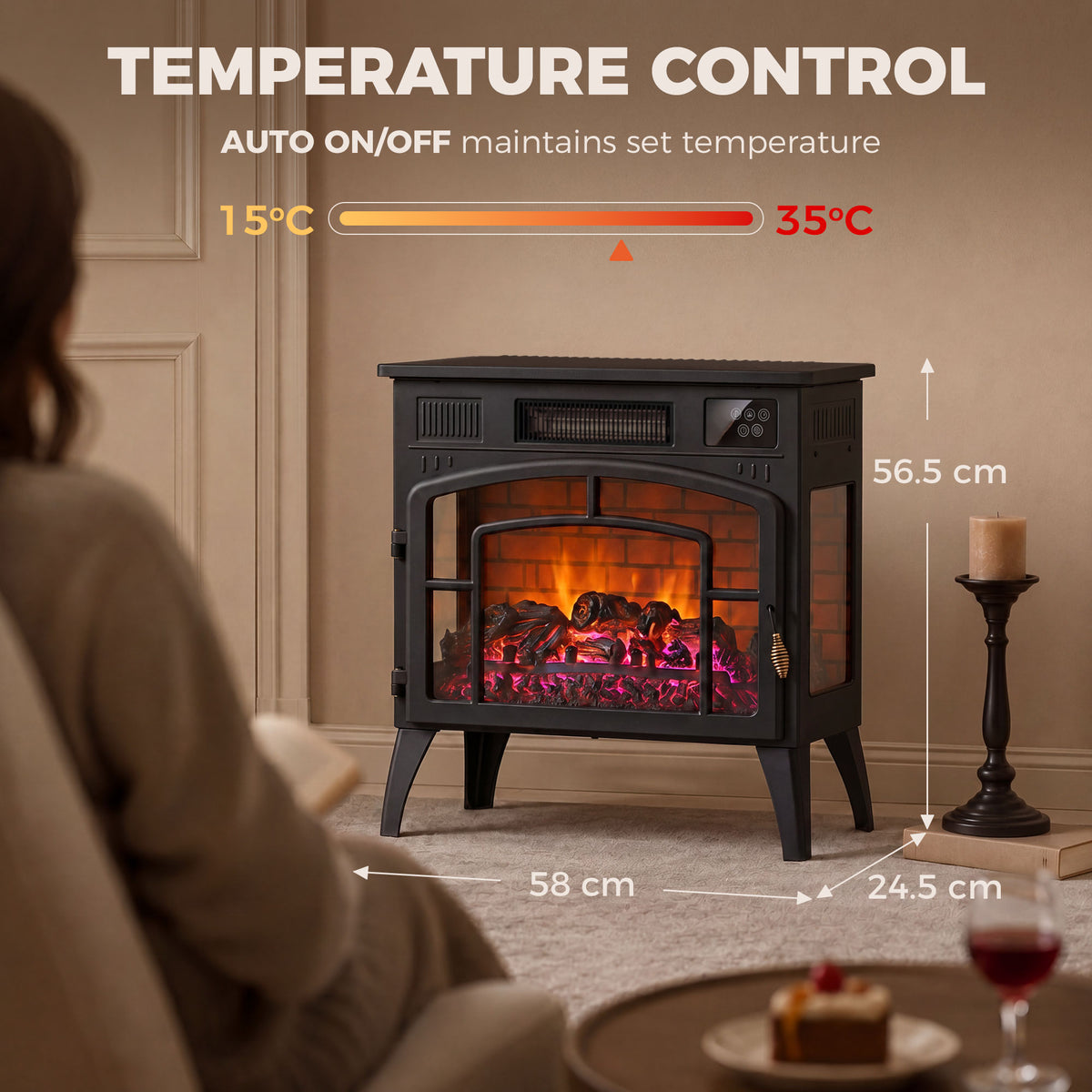 HOMCOM Smart Electric Fireplace Stove Log Burner in Black