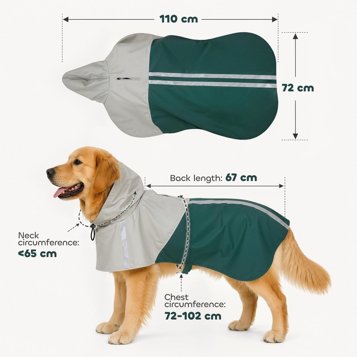 PawHut Dog Raincoat with Hood, Waterproof & Breathable Rain Jacket with Leash Hole, for Large Dogs, Green, L
