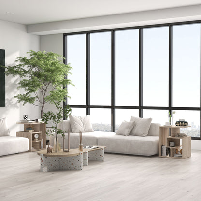 HOMCOM منضدة جانبية، طاولة جانبية بثلاثة أرفف تخزين مفتوحة لغرفة المعيشة وغرفة النوم، طقم من قطعتين، لون خشبي بلوطي