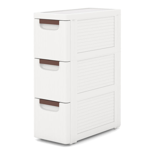 3/4/5/6-Drawer Narrow Storage Cabinet for Small Space-3-Tier, a slim white three-drawer cabinet with brown handles
