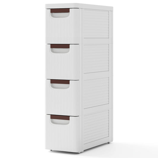 3/4/5/6-Drawer Narrow Storage Cabinet for Small Space-4-Tier in white with brown handles