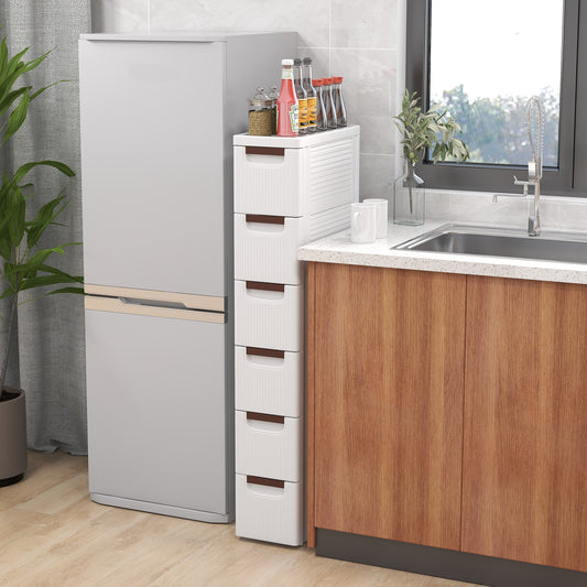 This narrow storage cabinet fits neatly beside a refrigerator in a kitchen setting