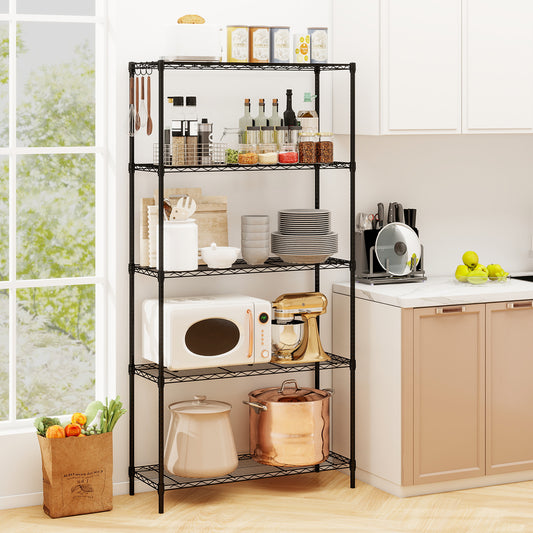 The metal storage shelves standing in a kitchen filled with appliances and food containers