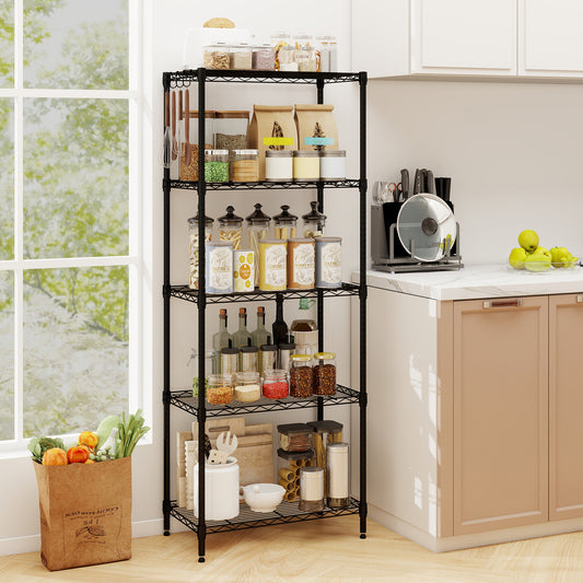 3/4/5/6-Tier Wire Shelving Unit with five shelves, shown in a kitchen setting with food items