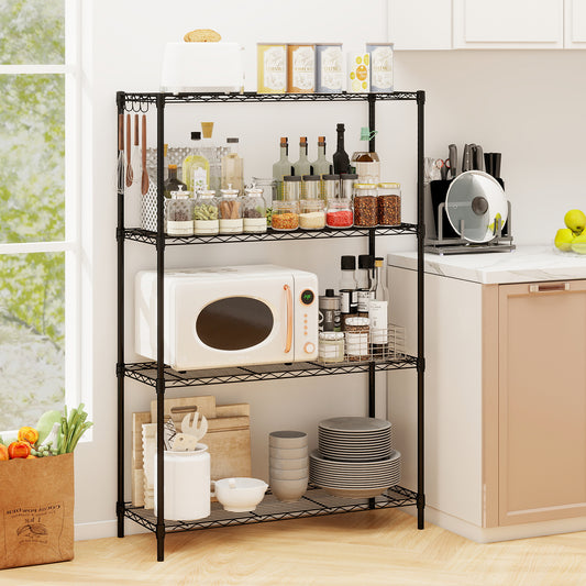 The metal storage shelves are shown in a kitchen setting, holding appliances and jars