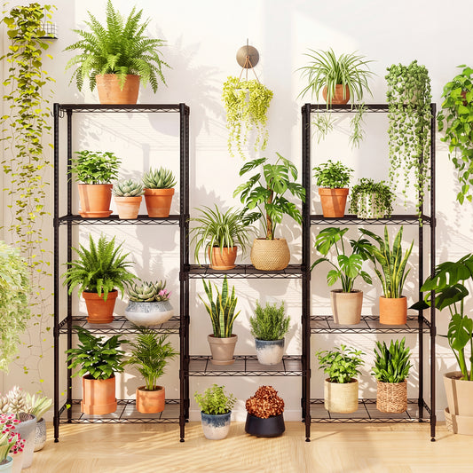 Adjustable metal storage shelves used as a plant stand with many potted plants