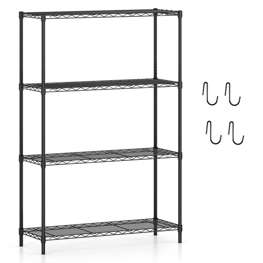 3/4/5/6-Tier Wire Shelving Unit, a black metal four-tier storage rack with two hanging hooks