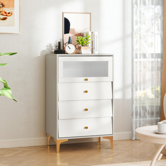 The dresser cabinet standing in a bright living room with decor items placed on the top surface
