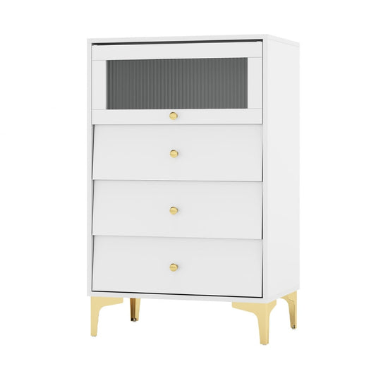 3/4 Drawer Dresser Cabinet with a white frame, gold legs and a top flip-up fluted glass door