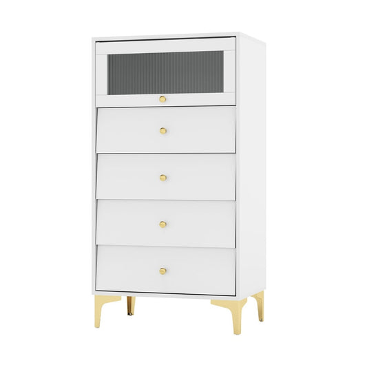 3/4 Drawer Dresser Cabinet with a white finish and gold legs