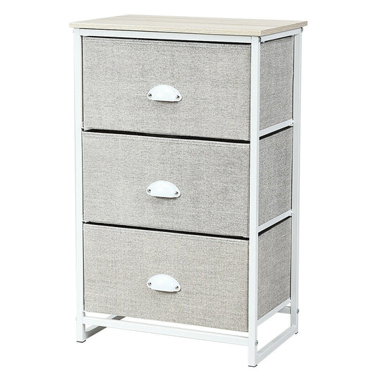 3/4 Fabric Nightstand Bedside Storage Cabinet Folding Drawers-3-Tier-White with three grey fabric drawers and a white frame