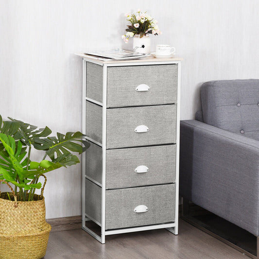The storage cabinet placed in a living room next to a grey sofa and a potted plant