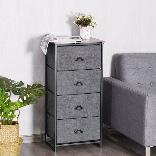 The fabric storage cabinet in a bedroom setting next to a grey sofa and a potted plant