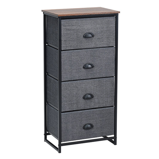 3/4 Fabric Nightstand Bedside Storage Cabinet Folding Drawers-4-Tier in black with a wooden top and four grey fabric drawers