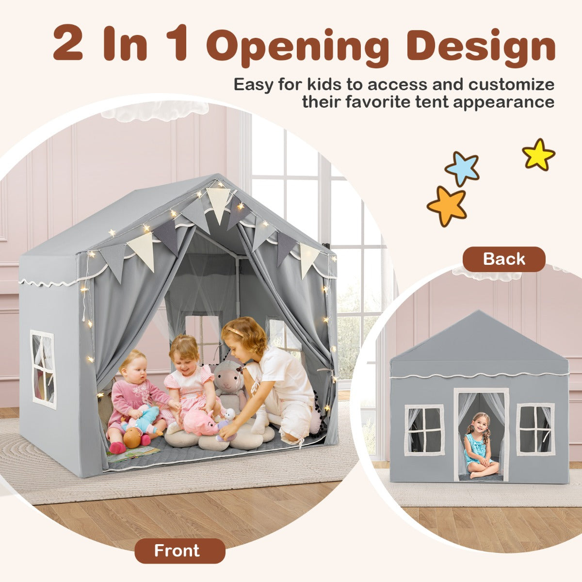The grey play tent house shown from front and back, highlighting its 2 opening doors