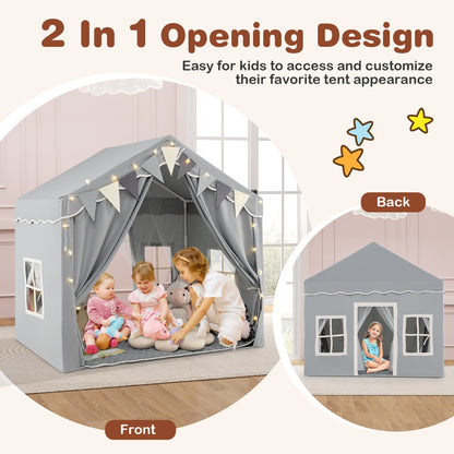 The grey play tent house shown from front and back, highlighting its 2 opening doors