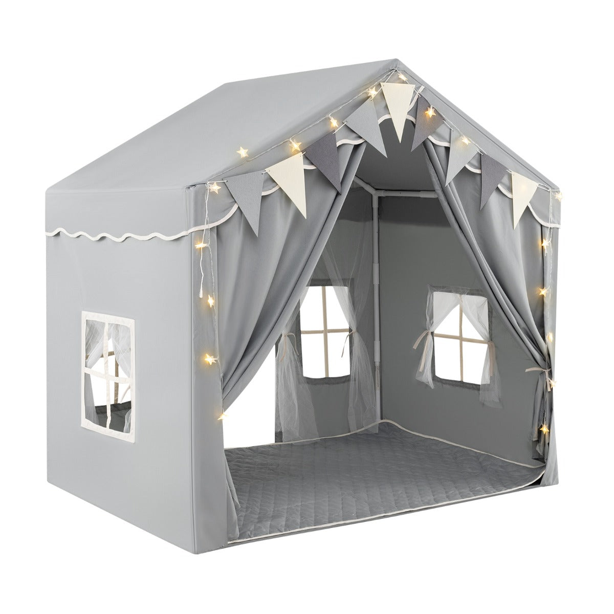 3-4 Kids Large Play Tent House with star lights and plaid pennants in grey fabric
