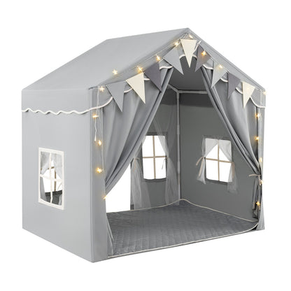 3-4 Kids Large Play Tent House with star lights and plaid pennants in grey fabric