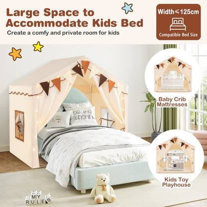 Large beige play tent house with a bed inside