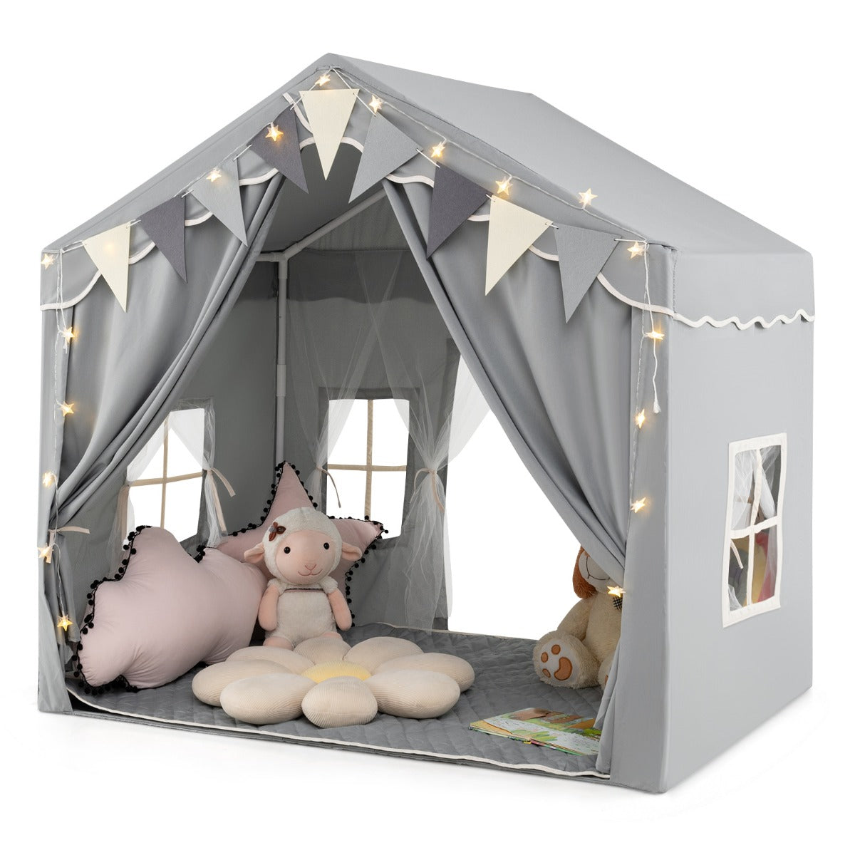 A grey play tent house decorated with star lights and plaid pennants, with toys inside