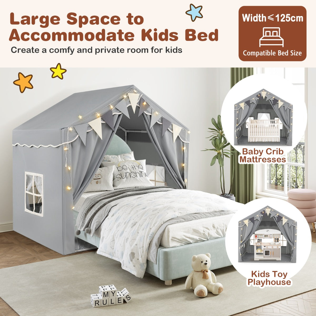 The grey play tent house shown with a bed inside, demonstrating its large space