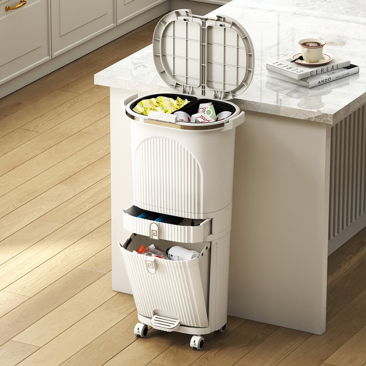 3-Layer Sorting Trash Bin with 2 Removable Buckets-Beige