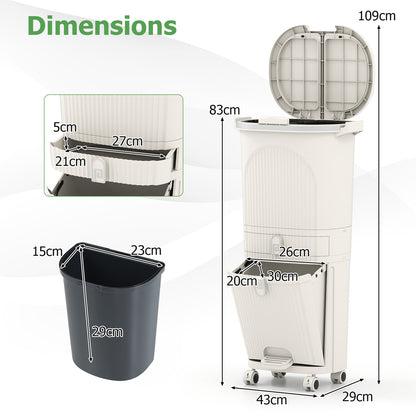 3-Layer Sorting Trash Bin with 2 Removable Buckets-Beige