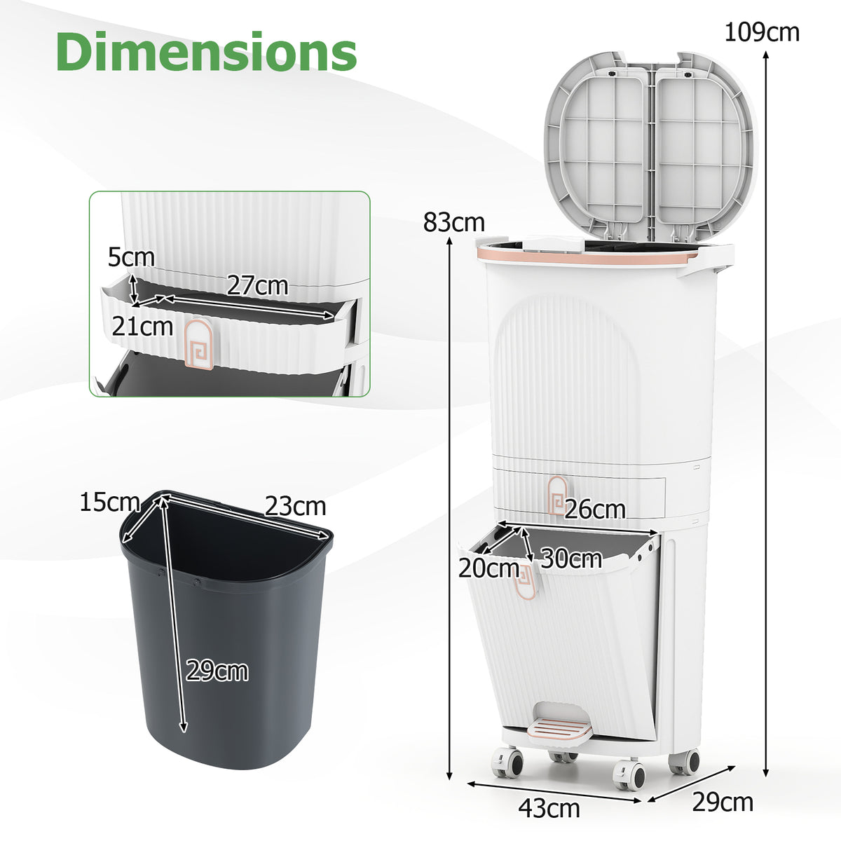 3-Layer Sorting Trash Bin with 2 Removable Buckets-White