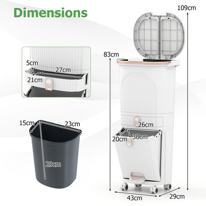 3-Layer Sorting Trash Bin with 2 Removable Buckets-White
