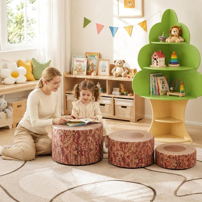 3 PCS Tree Stump Stool Set and Kids Tree Bookshelf Bundle