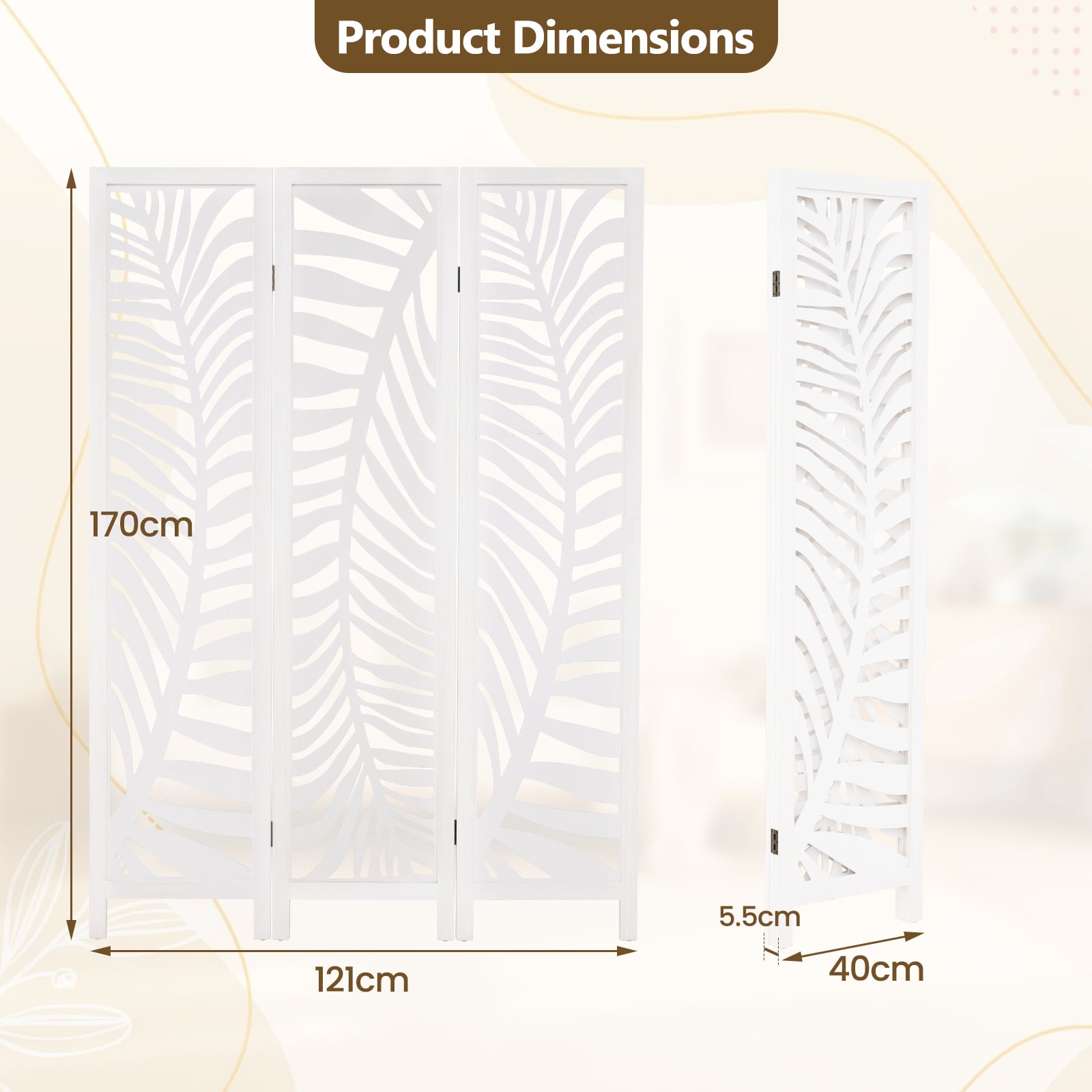3-Panel Room Divider 170 cm Freestanding Privacy Screen with Natural Paulownia Wood Frame-White