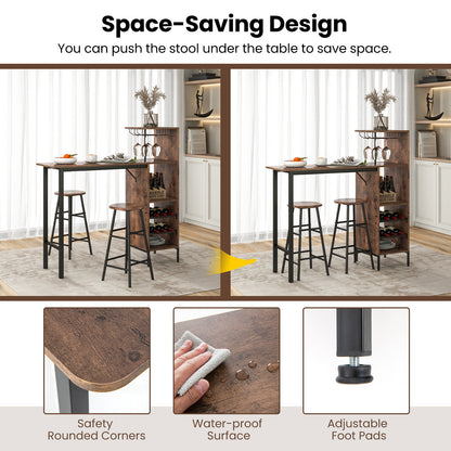 3-Piece Bar Table and Chair Set with Wine Glass Holders and 6-Bottle Wine Racks-Brown