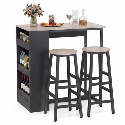 3-Piece Dining Table Set 91 cm Counter Height Bistro Table with 3 Storage Shelves-Rustic Brown