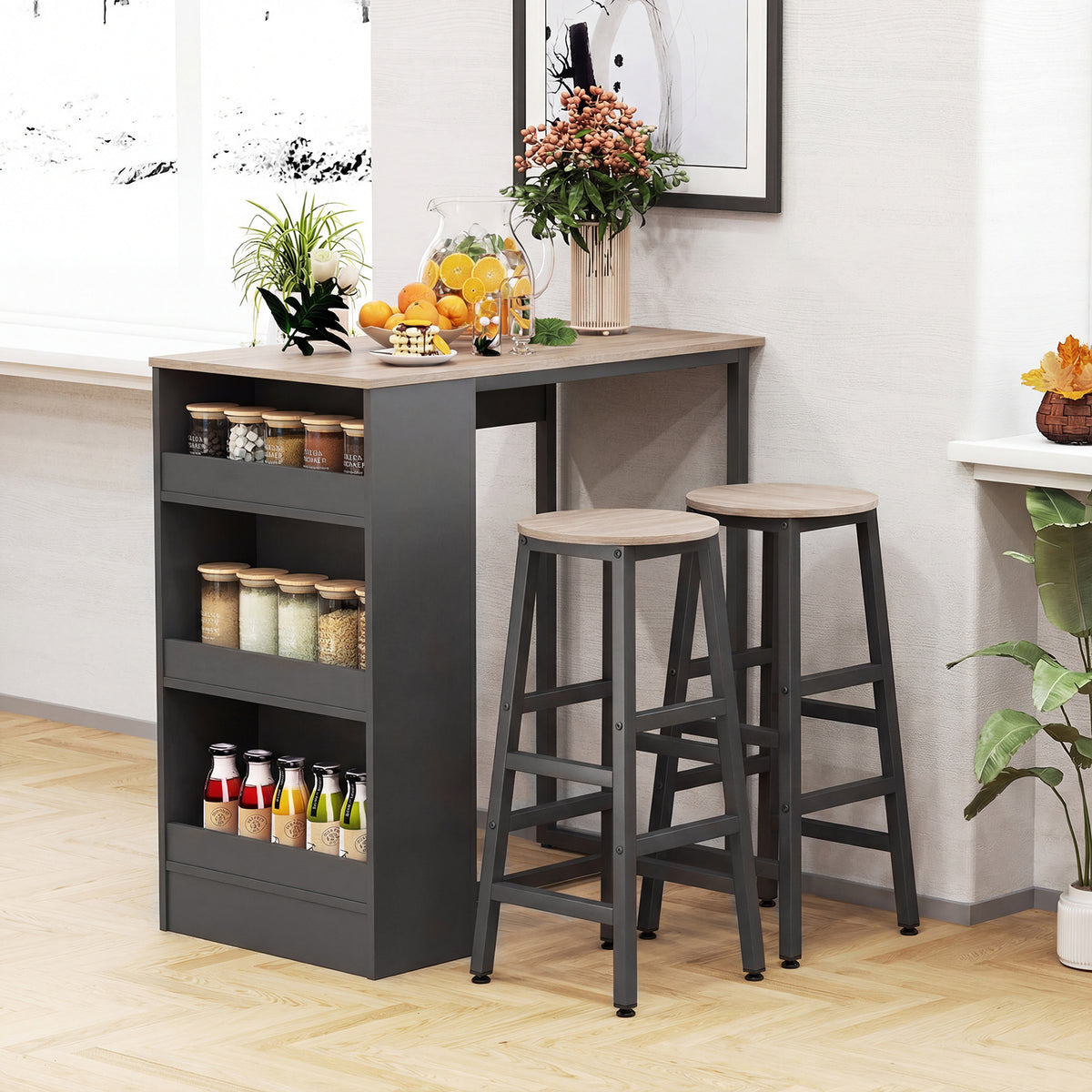 3-Piece Dining Table Set 91 cm Counter Height Bistro Table with 3 Storage Shelves-Rustic Brown