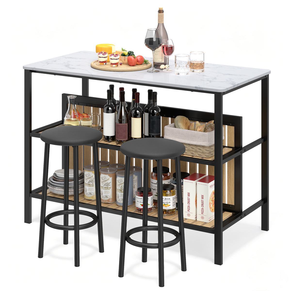 3-Piece Dining Table Set Kitchen Island and 2 Bar Stools Set with 2-Tier Storage Shelf-White